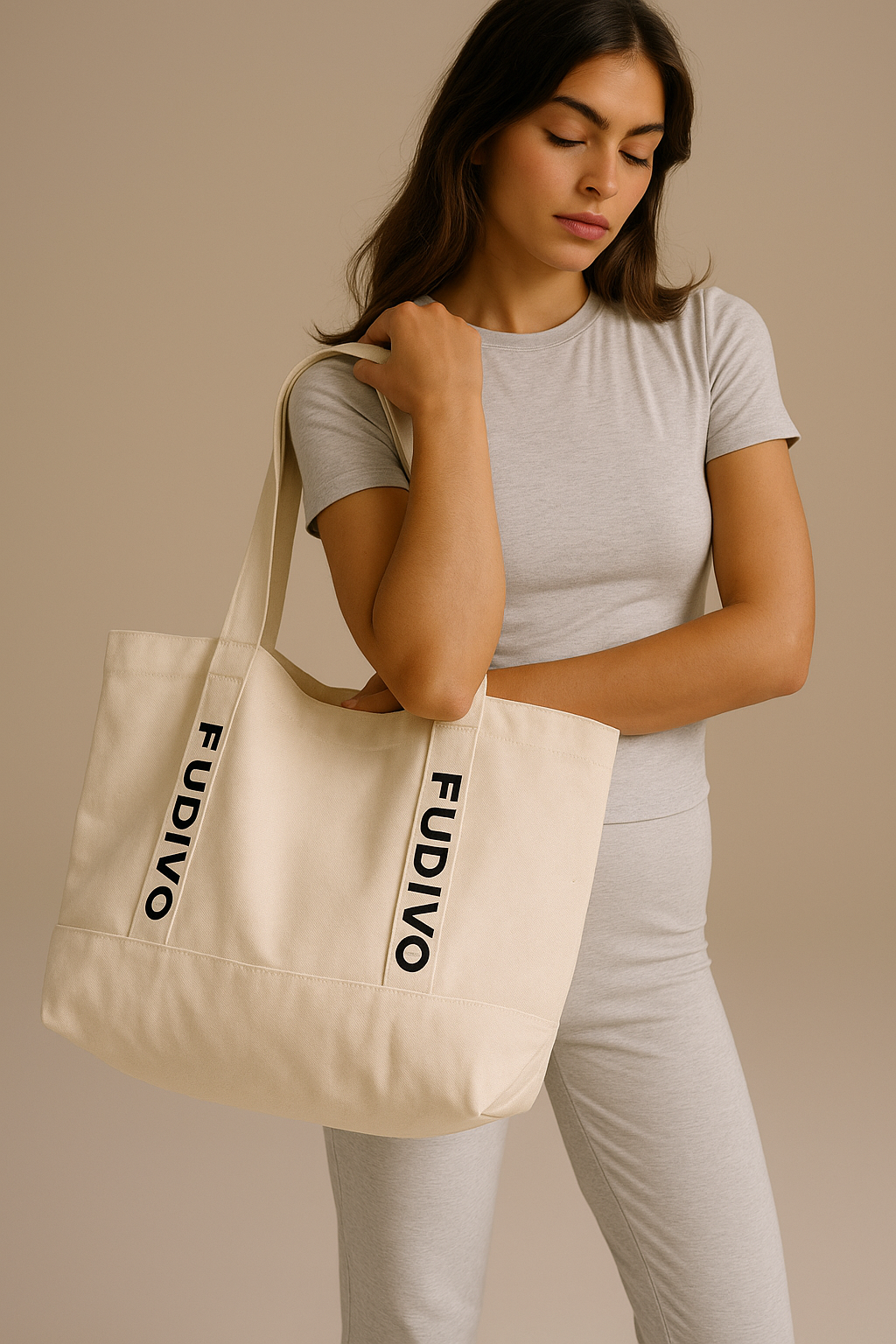 Bolso tote con correa de marca - Crema/Negro